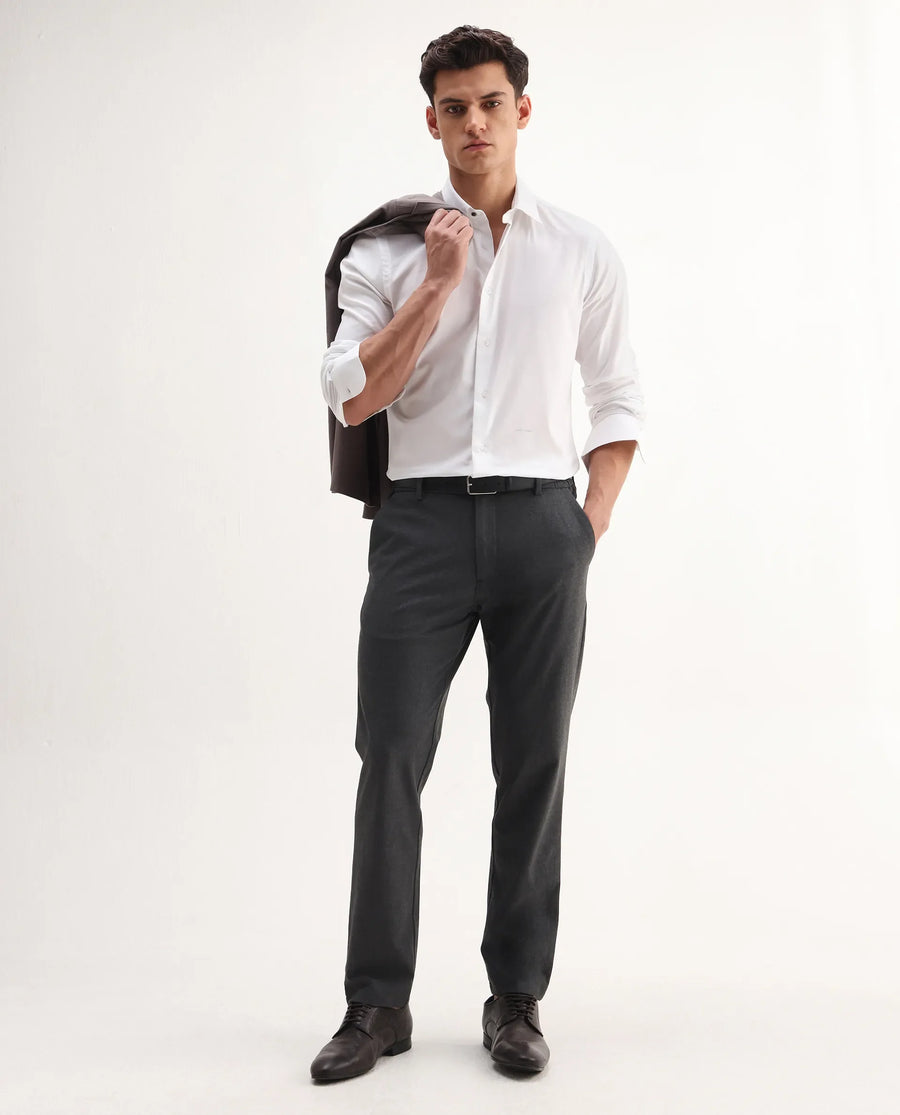 Rare Rabbit Men's Travel-Aw25 Dark Grey Polyester Blend Plain Regular Fit Trouser