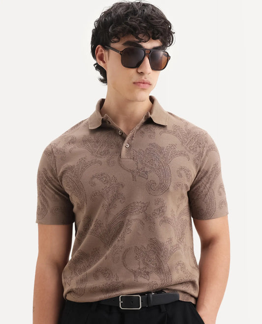 Rare Rabbit Men's Tred Dusky Brown Cotton Fabric Half Sleeve Spread Collar Paisley Polo