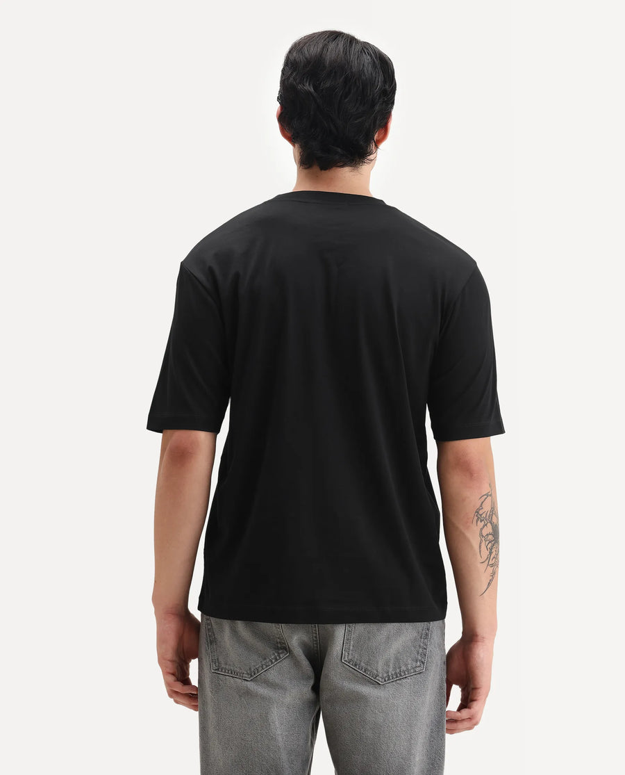Rare Rabbit Men's Trell Black Cotton Graphic Print Barcelone Fit Half Sleeve Crew Neck T-Shirt