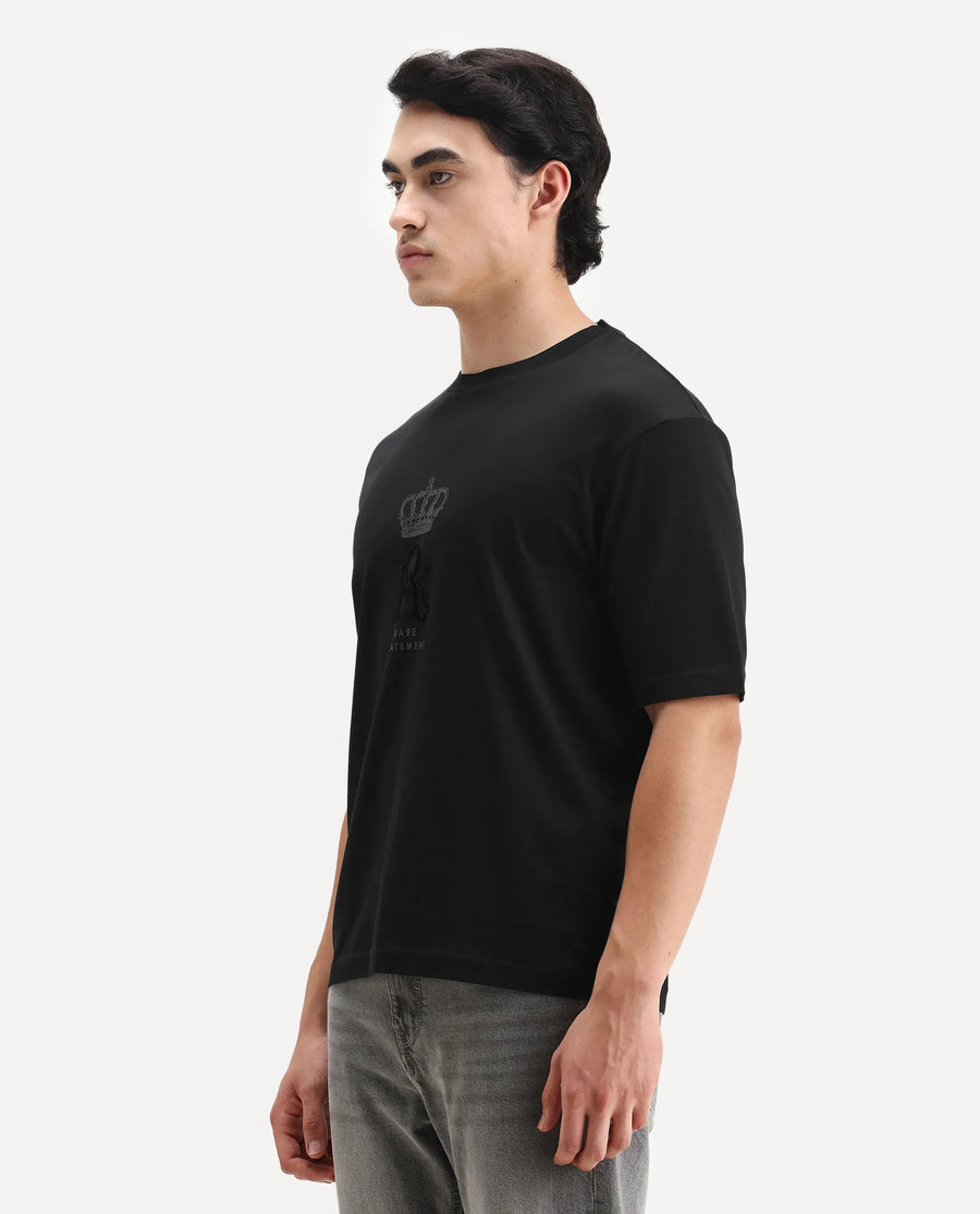 Rare Rabbit Men's Trell Black Cotton Graphic Print Barcelone Fit Half Sleeve Crew Neck T-Shirt