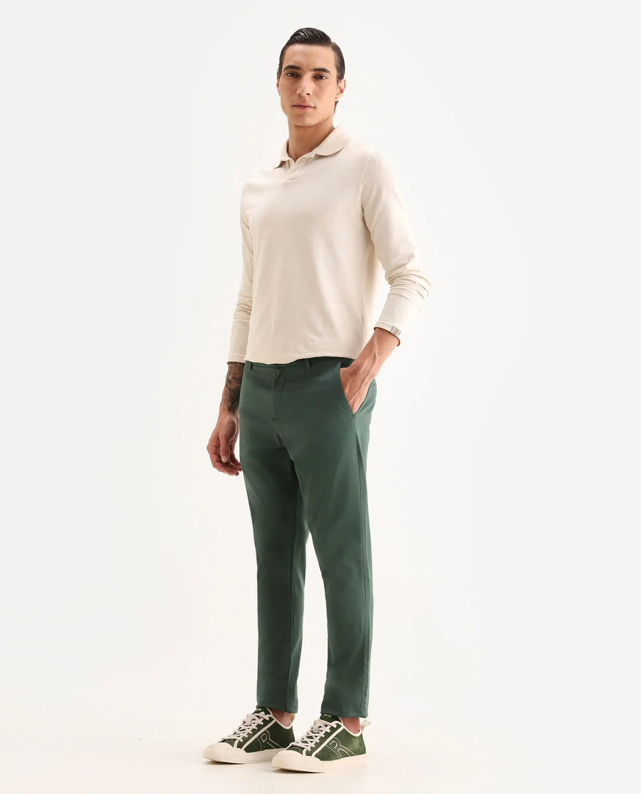 Rare Rabbit Men's Trello Green Cotton Blend Plain Regular Fit Trouser