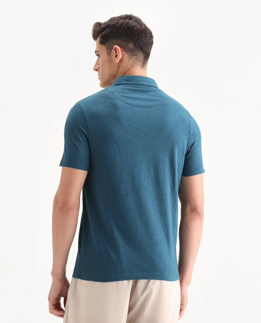 Rare Rabbit Men's Trent Petrol Cotton Plain Regular Fit Half Sleeve Polo
