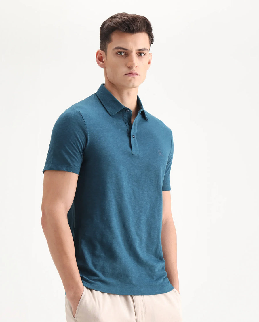 Rare Rabbit Men's Trent Petrol Cotton Plain Regular Fit Half Sleeve Polo