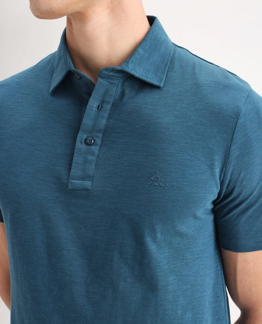 Rare Rabbit Men's Trent Petrol Cotton Plain Regular Fit Half Sleeve Polo