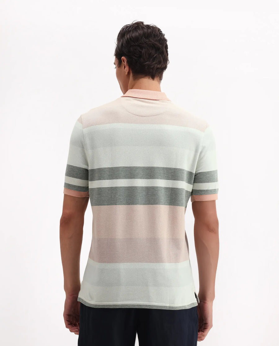 Rare Rabbit Men's Trenz Green Cotton Striped Print Regular Fit Half Sleeve Polo