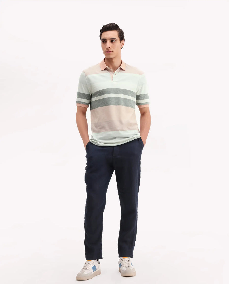 Rare Rabbit Men's Trenz Green Cotton Striped Print Regular Fit Half Sleeve Polo