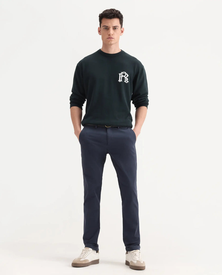 Rare Rabbit Men's Trews-22 Navy Cotton Plain Regular Fit Trouser