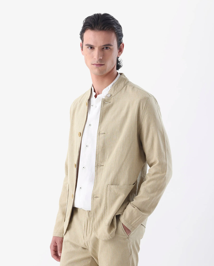 Rare Rabbit Men's Trex Mustard Linen Blend Striped Print Regular Fit Full Sleeve Mandarin Collar Jacket
