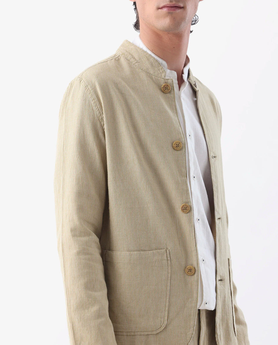 Rare Rabbit Men's Trex Mustard Linen Blend Striped Print Regular Fit Full Sleeve Mandarin Collar Jacket