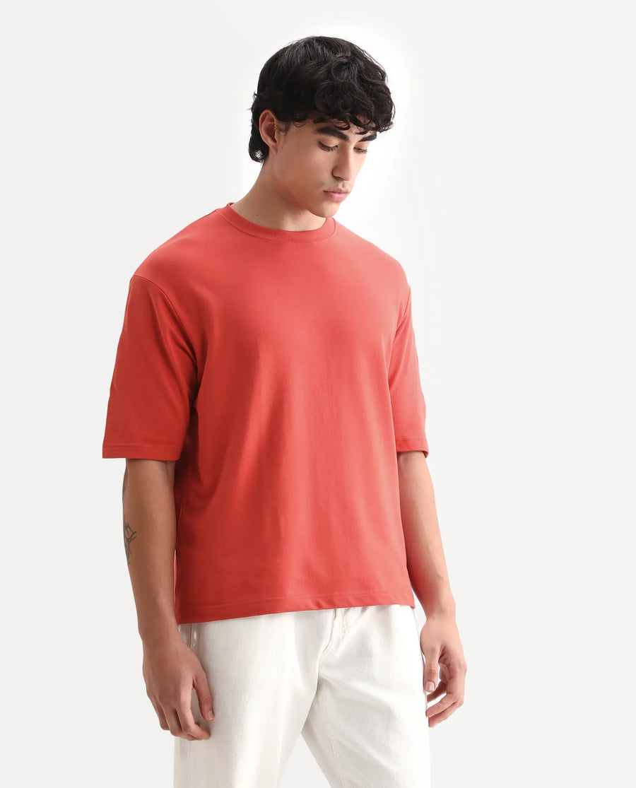 Rare Rabbit Men's Trez Dusky Red Cotton Embroidered Oversized Fit Half Sleeve Crew Neck T-Shirt