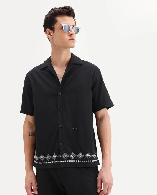 Rare Rabbit Men's Tirk Black Cotton Blend Embroidered Boxy Fit Half Sleeve Cuban Collar Shirt