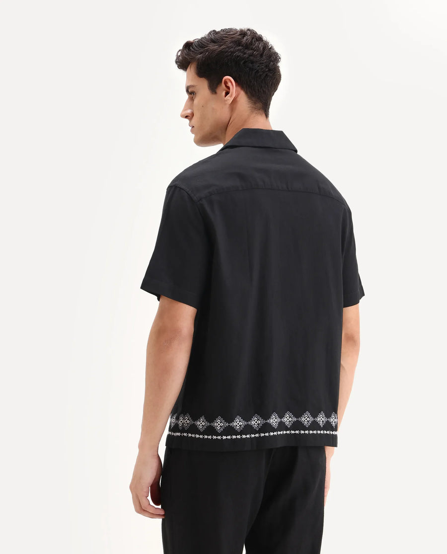 Rare Rabbit Men's Tirk Black Cotton Blend Embroidered Boxy Fit Half Sleeve Cuban Collar Shirt
