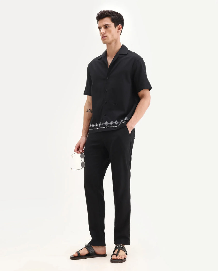 Rare Rabbit Men's Tirk Black Cotton Blend Embroidered Boxy Fit Half Sleeve Cuban Collar Shirt