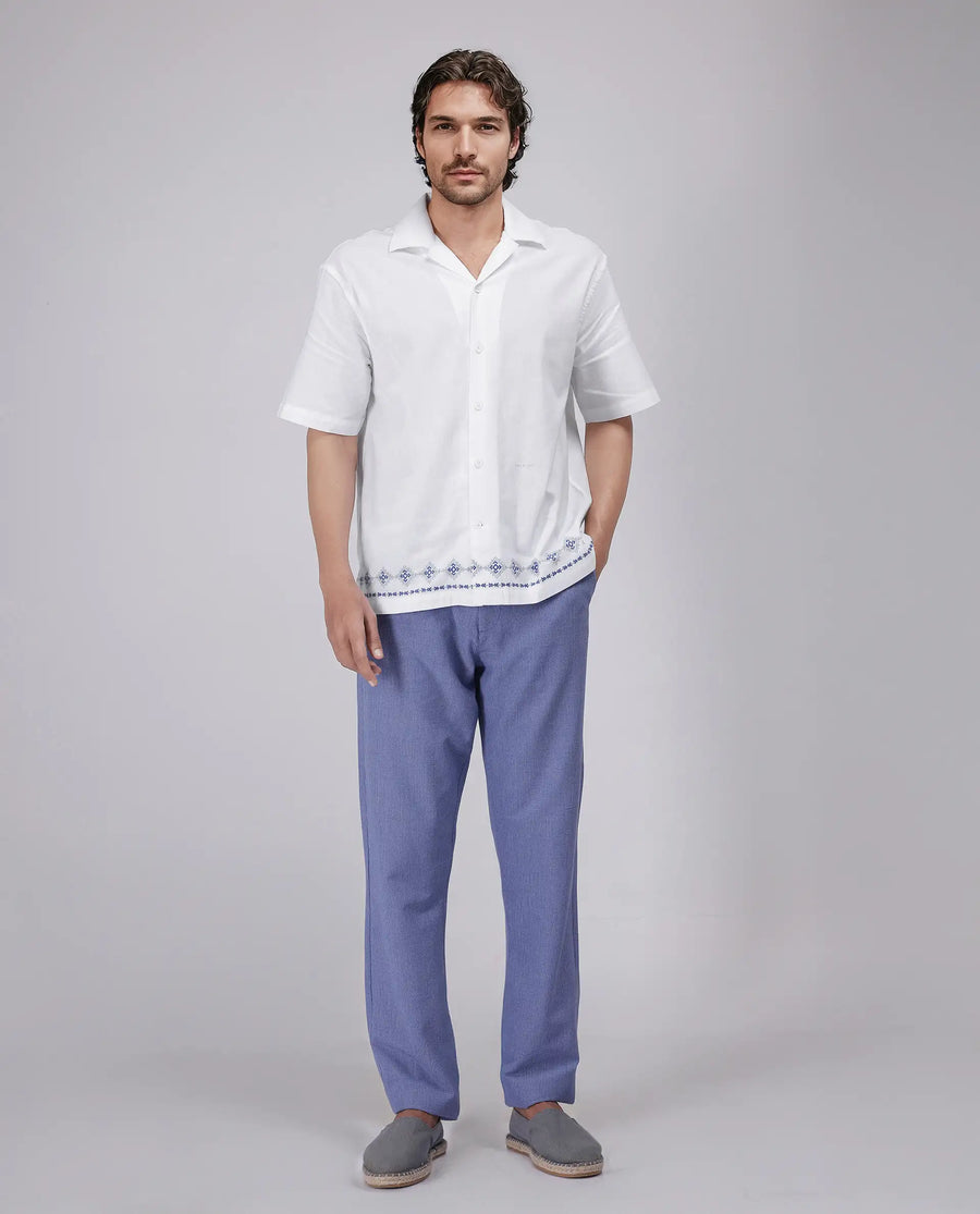 Rare Rabbit Men's Tirk White Cotton Embroidered Boxy Fit Half Sleeve Cuban Collar Shirt