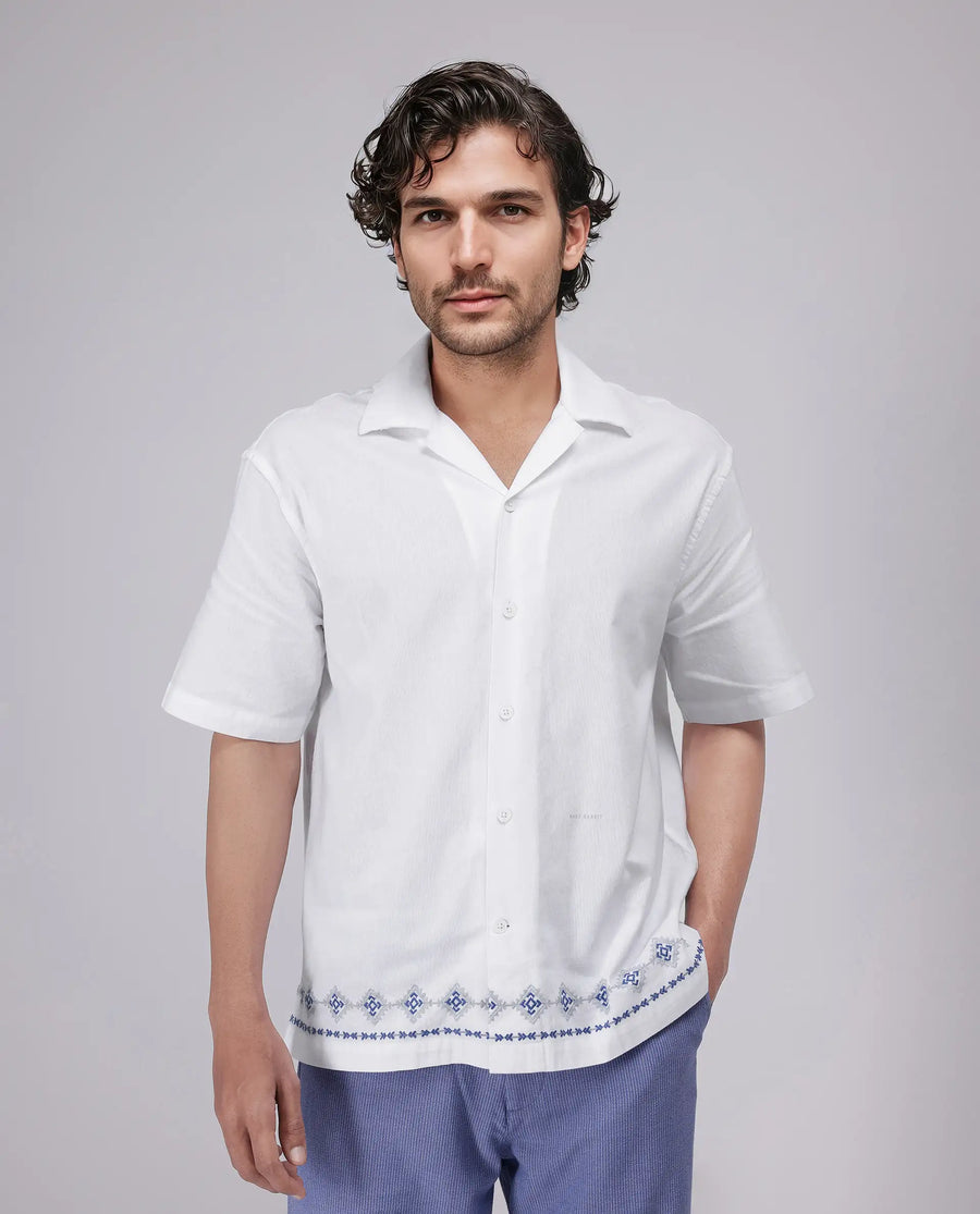 Rare Rabbit Men's Tirk White Cotton Embroidered Boxy Fit Half Sleeve Cuban Collar Shirt