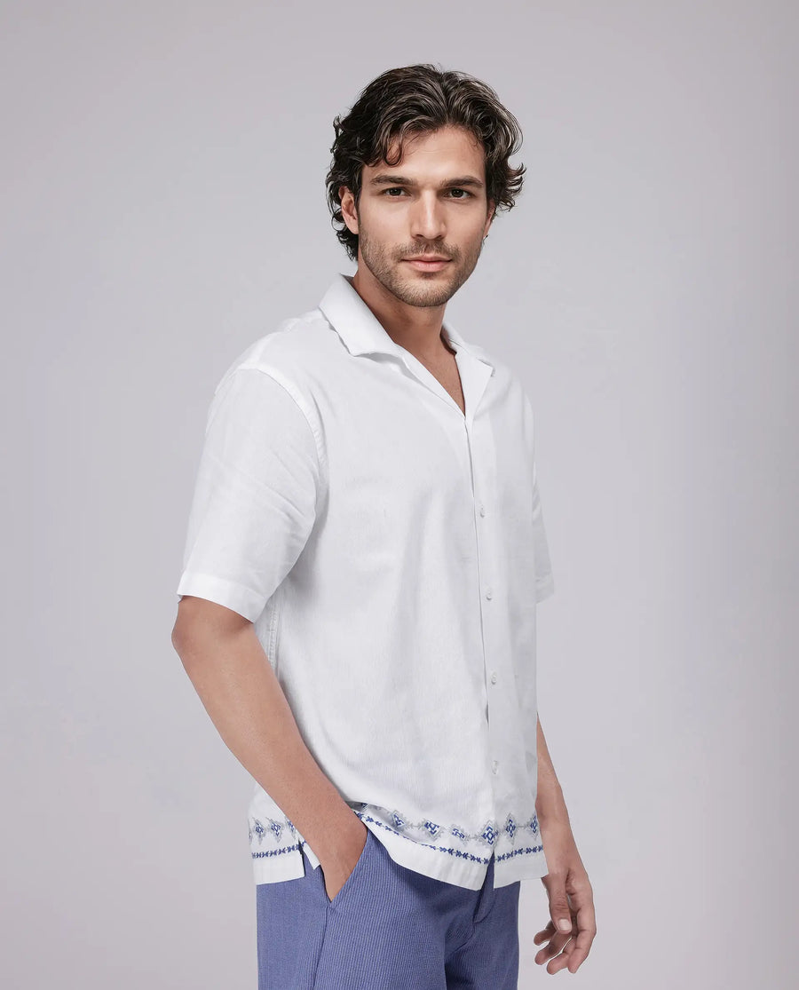 Rare Rabbit Men's Tirk White Cotton Embroidered Boxy Fit Half Sleeve Cuban Collar Shirt