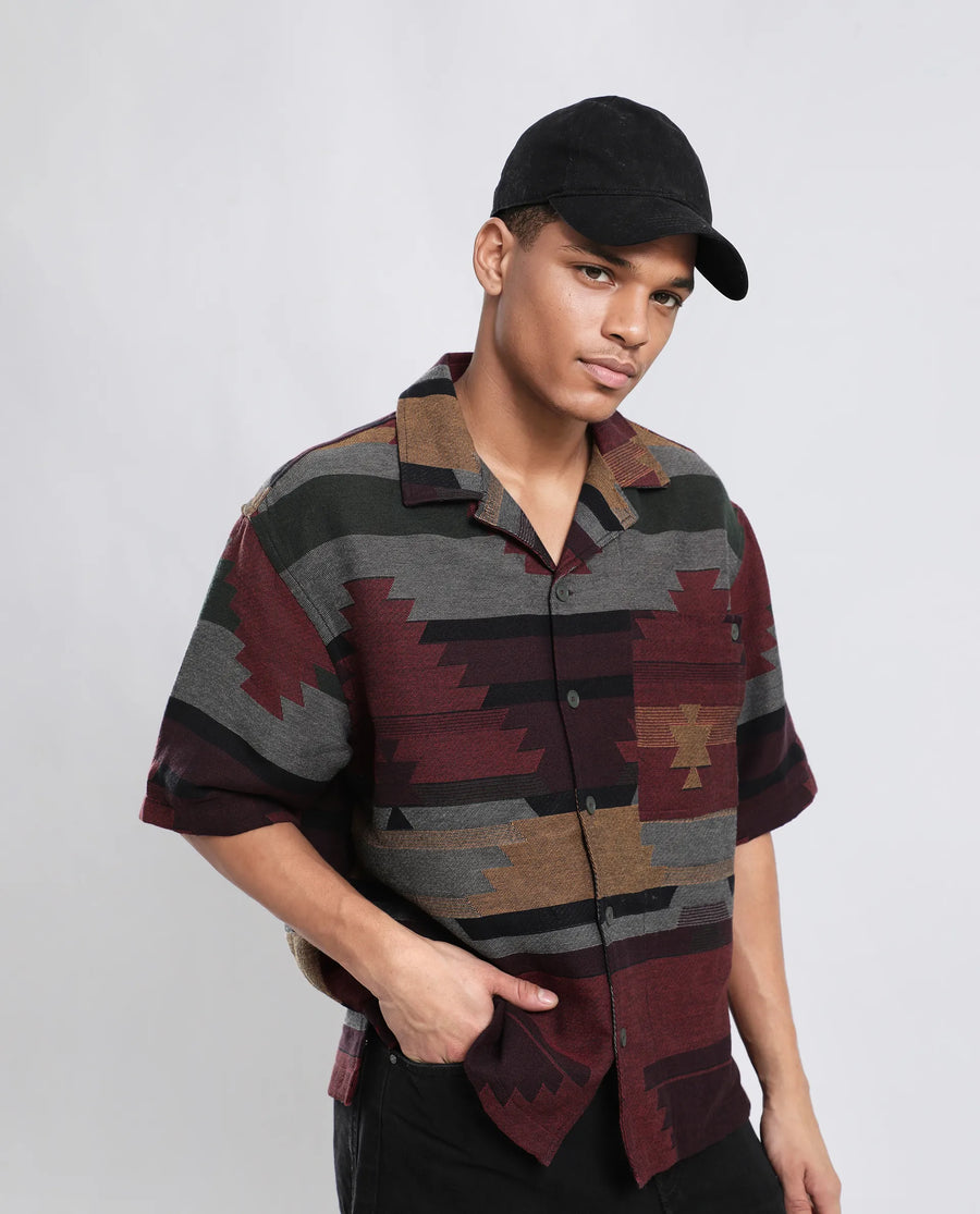 Rare Rabbit Men's Tri Maroon Cotton Jacquard Boxy Fit Half Sleeve Collared Shirt
