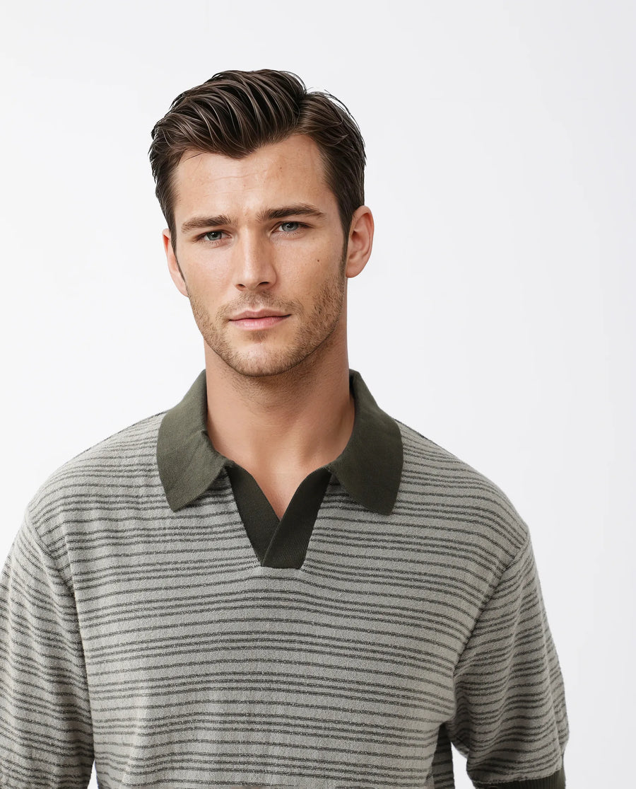 Rare Rabbit Men's Trin Dark Olive Cotton Striped Print Regular Fit Half Sleeve Polo
