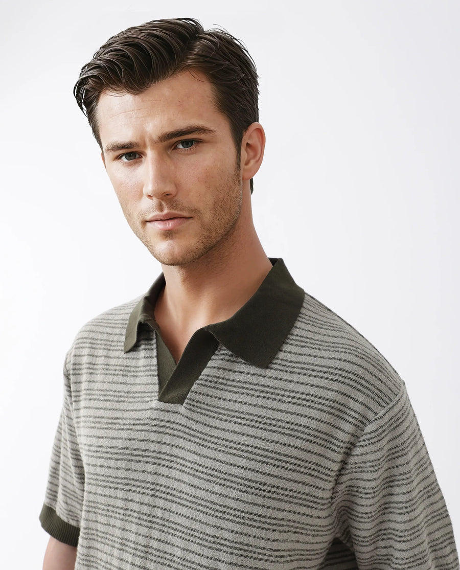 Rare Rabbit Men's Trin Dark Olive Cotton Striped Print Regular Fit Half Sleeve Polo