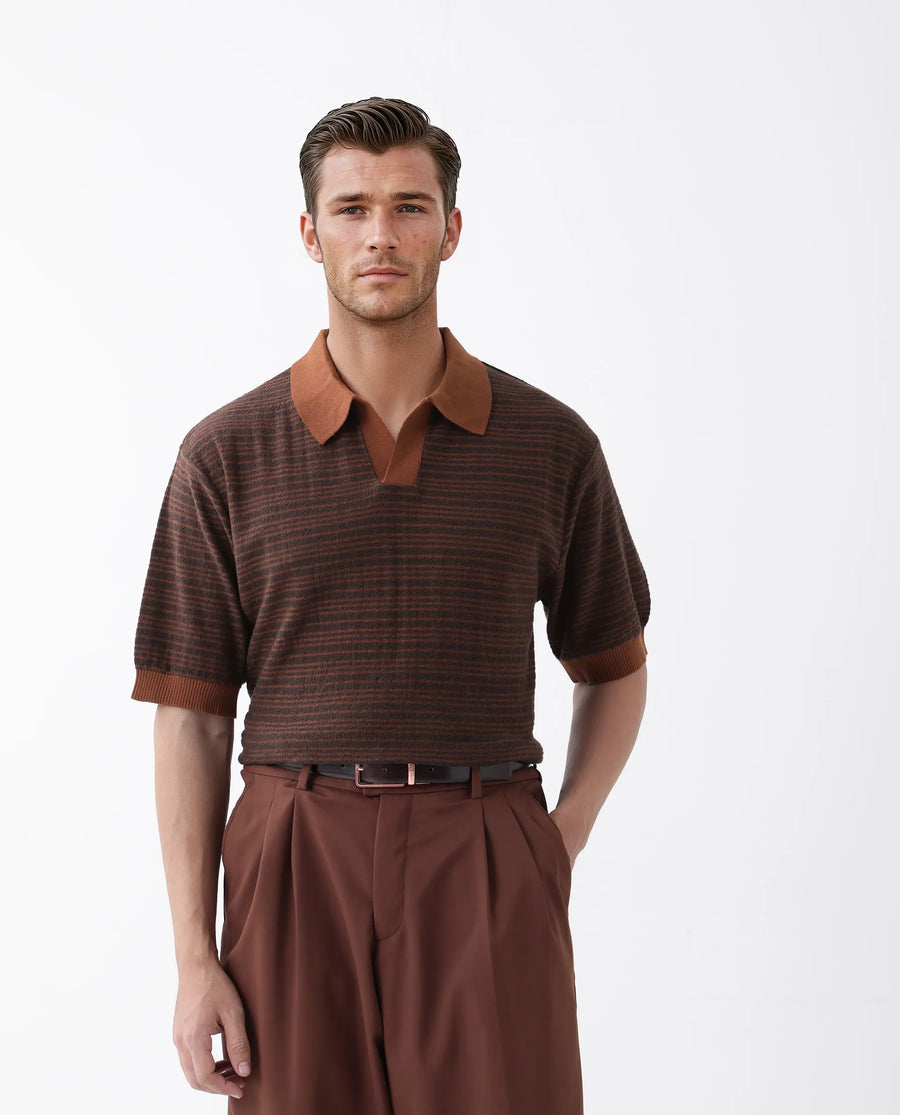 Rare Rabbit Men's Trin Rust Cotton Striped Print Regular Fit Half Sleeve Polo