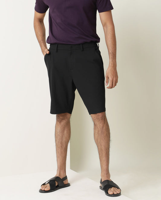 Rare Rabbit Men's Trip Black Polyester Plain Relaxed Fit Shorts