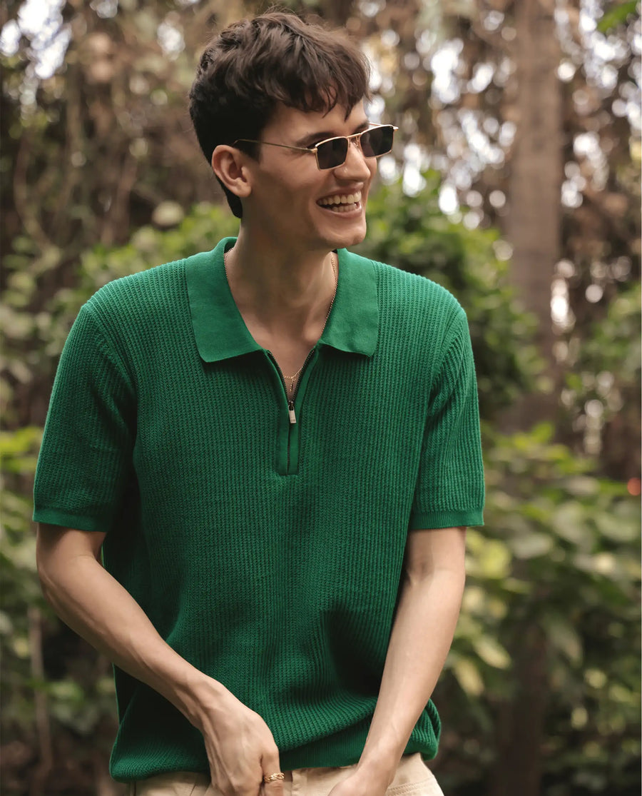 Rare Rabbit Men's Tris Green Cotton Plain Regular Fit Half Sleeve Polo