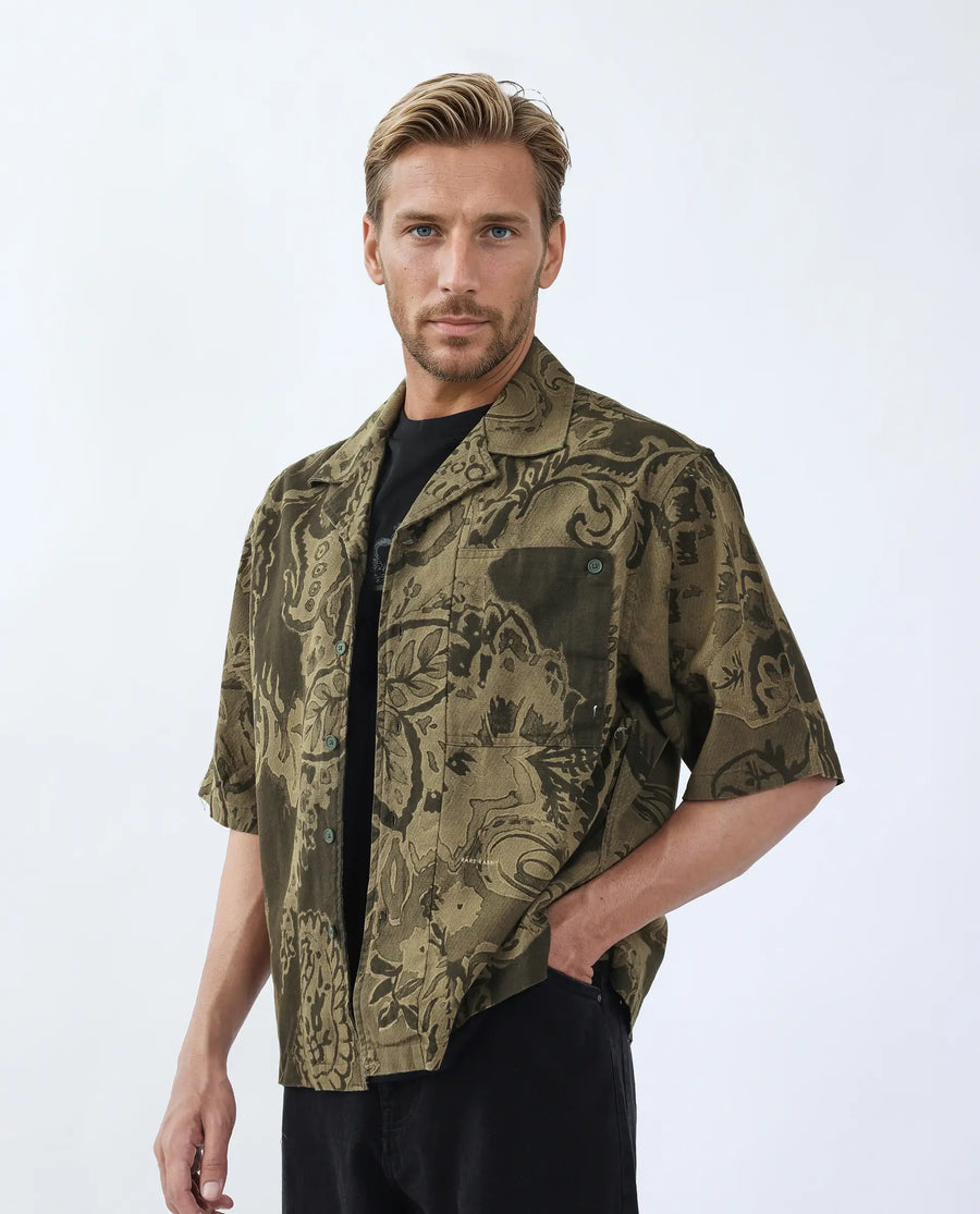 Rare Rabbit Men's Trish Olive Cotton Paisley Print Boxy Fit Half Sleeve Collared Shirt