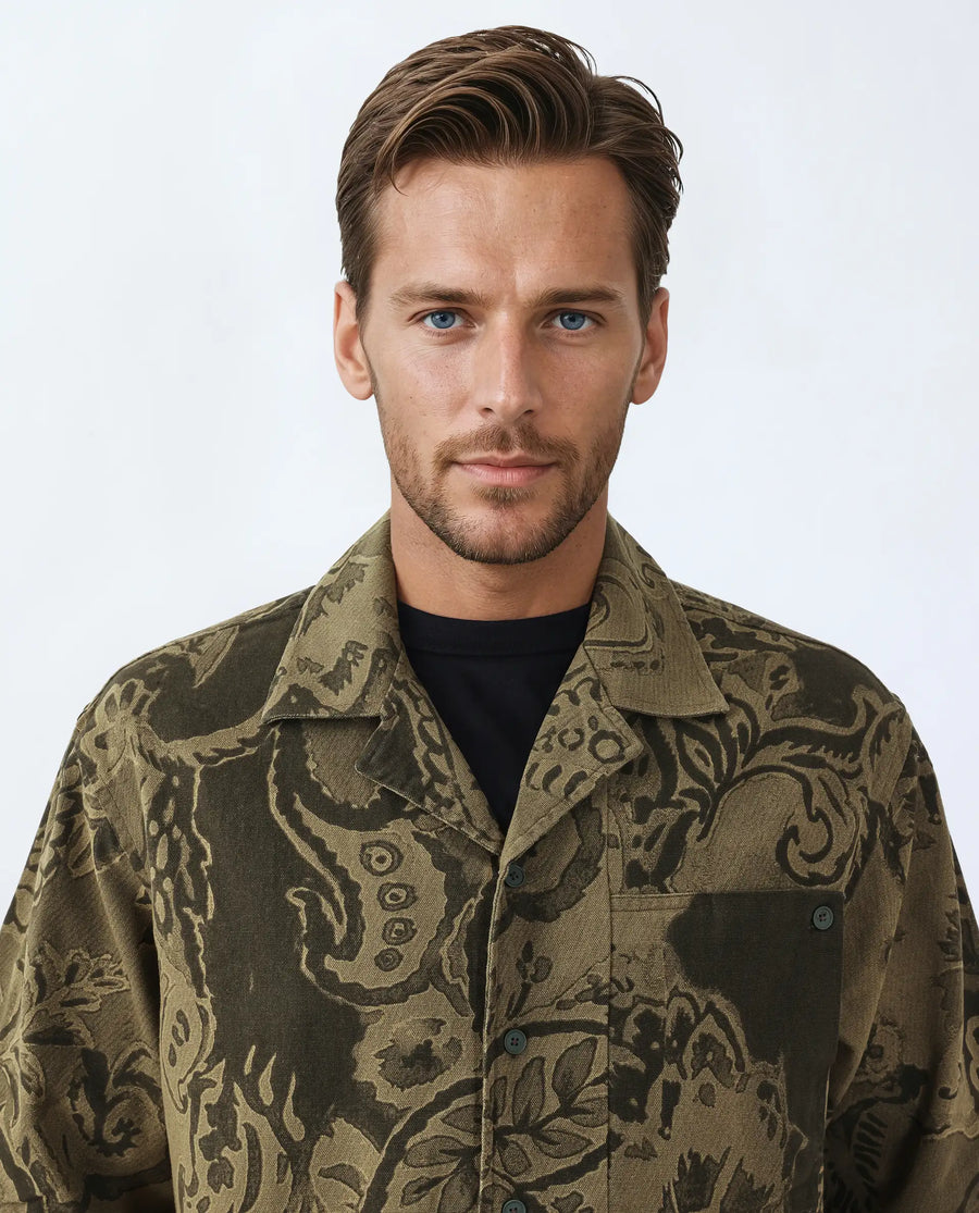 Rare Rabbit Men's Trish Olive Cotton Paisley Print Boxy Fit Half Sleeve Collared Shirt