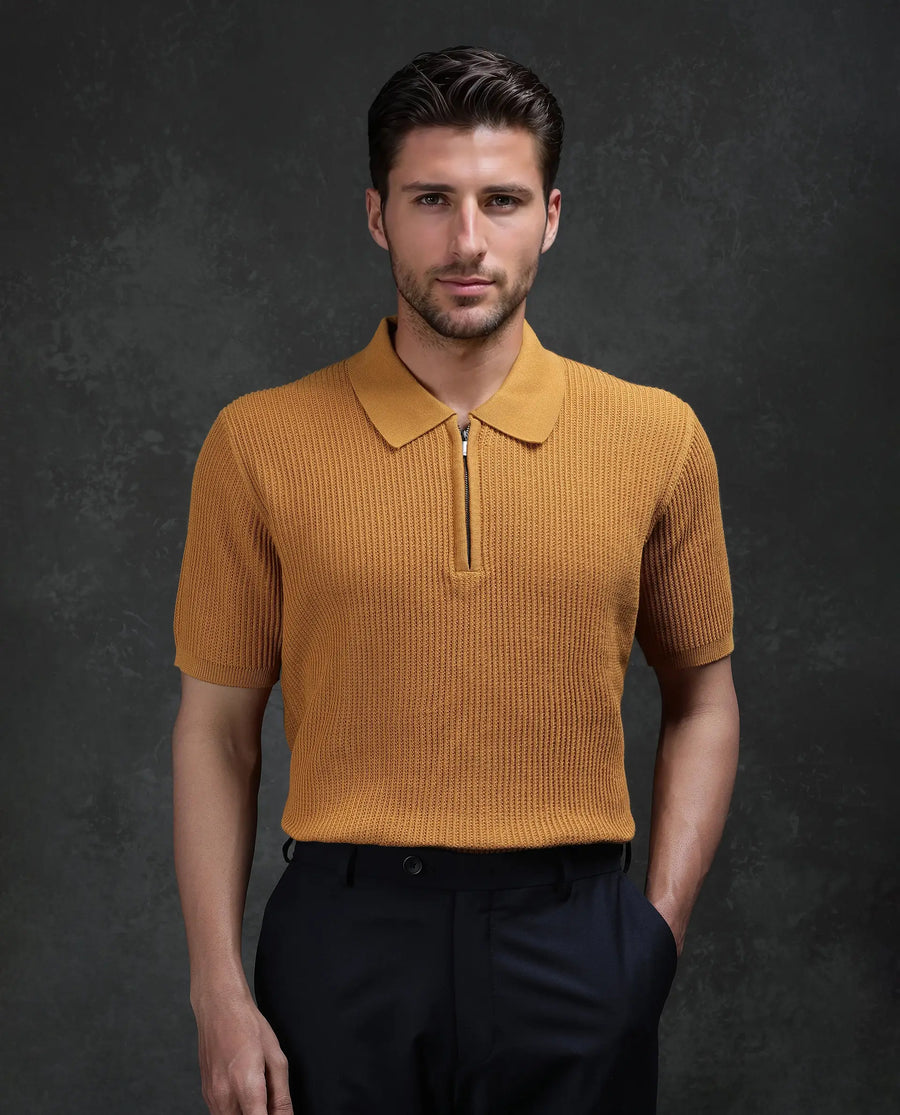 Rare Rabbit Men's Tris Dark Mustard Cotton Plain Regular Fit Half Sleeve Polo