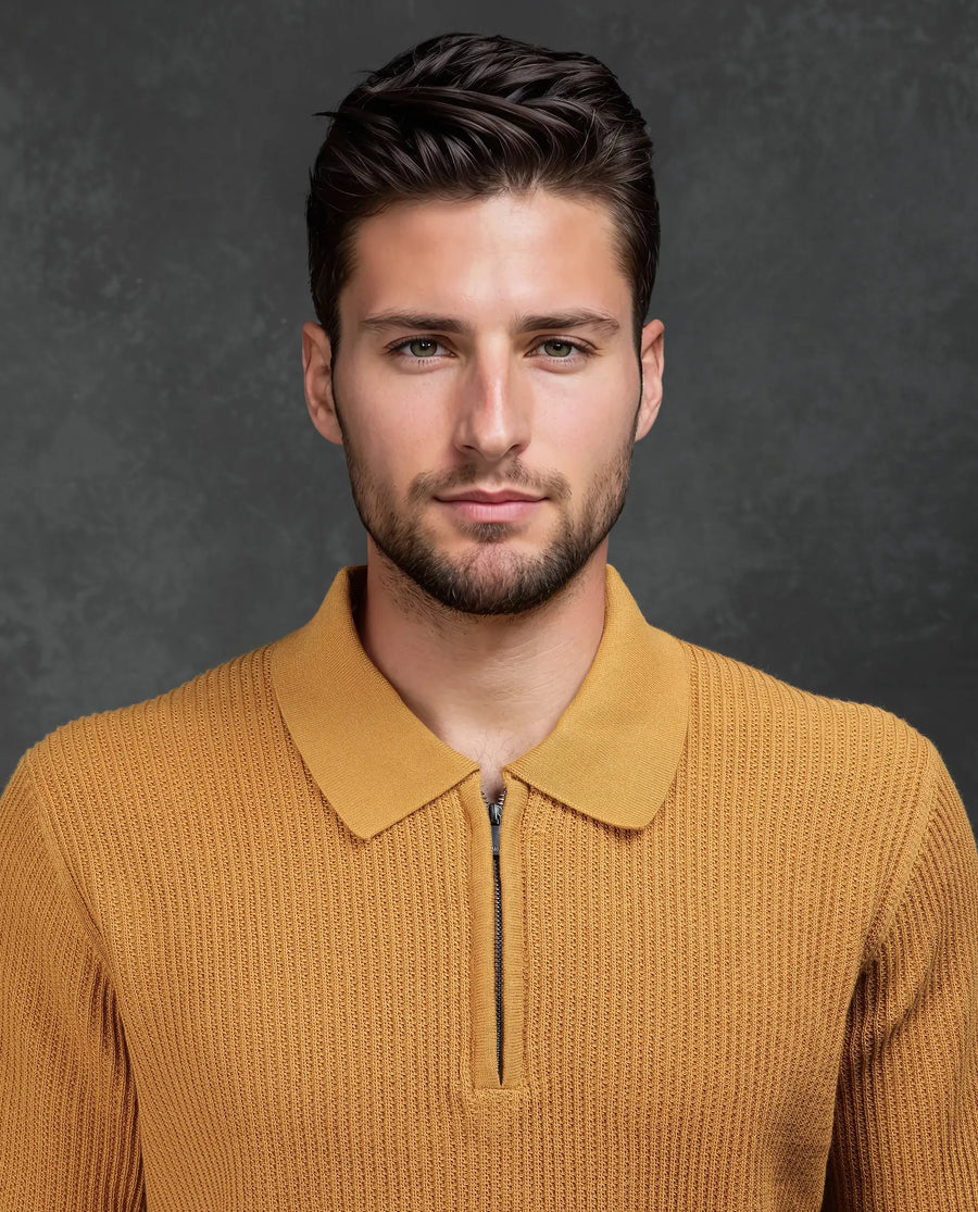 Rare Rabbit Men's Tris Dark Mustard Cotton Plain Regular Fit Half Sleeve Polo
