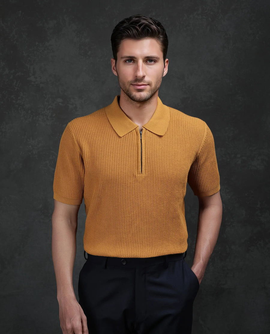 Rare Rabbit Men's Tris Dark Mustard Cotton Plain Regular Fit Half Sleeve Polo