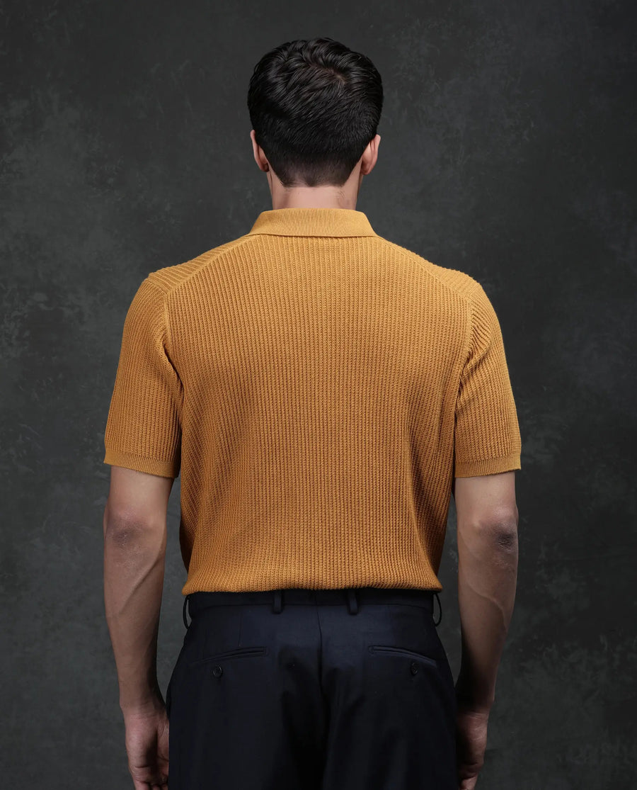 Rare Rabbit Men's Tris Dark Mustard Cotton Plain Regular Fit Half Sleeve Polo
