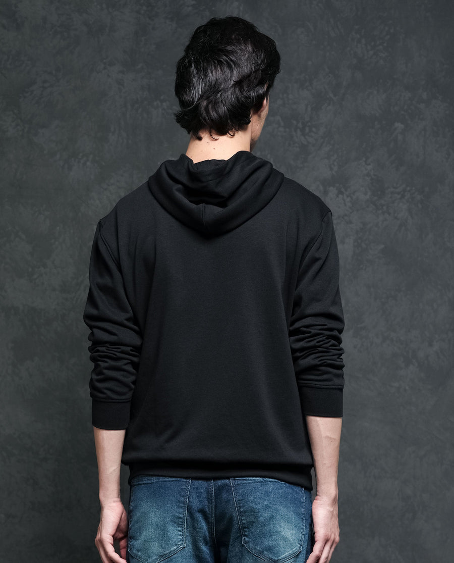 Rare Rabbit Men's Trivial Black Cotton Plain Regular Fit Full Sleeve Hooded Sweatshirt