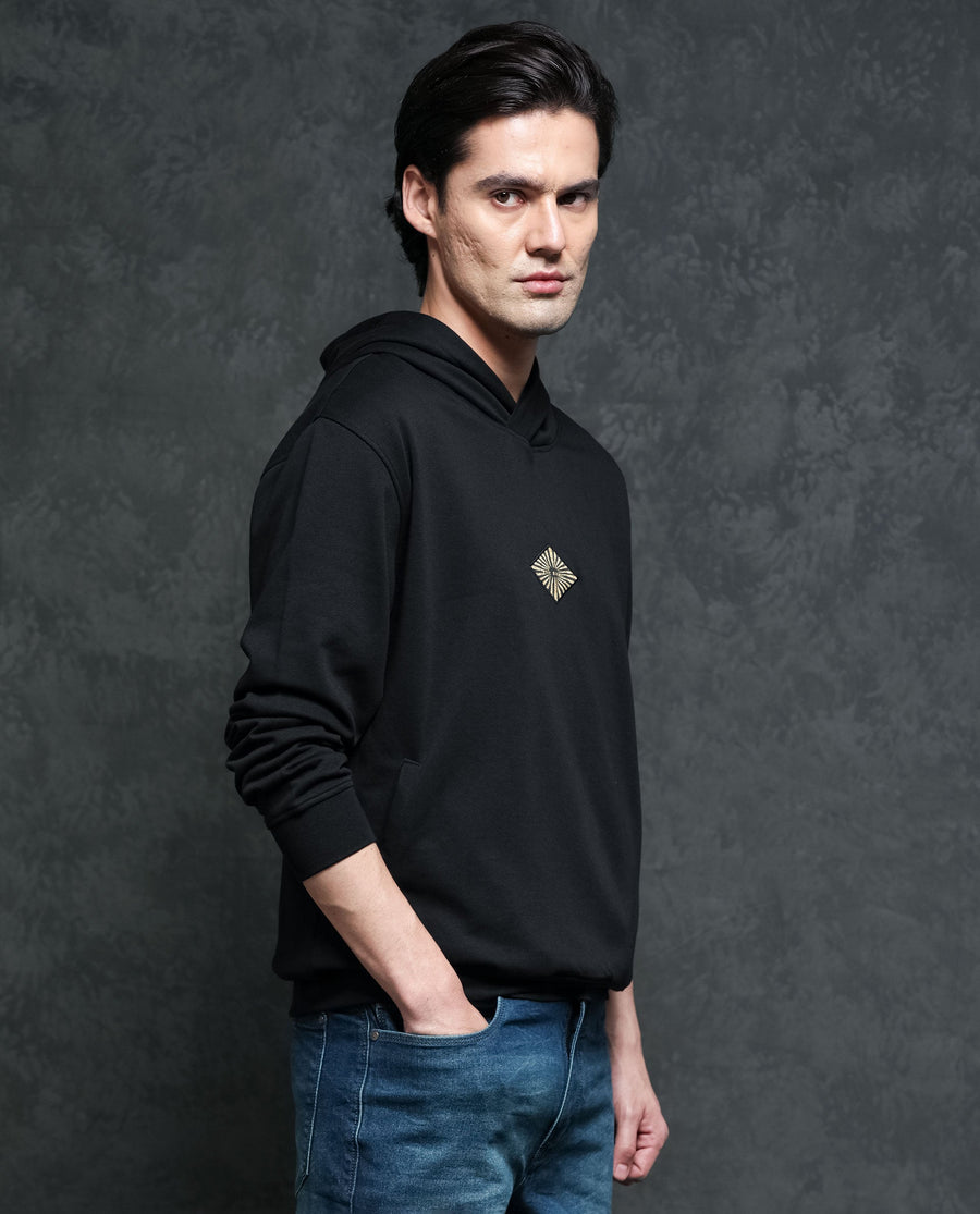 Rare Rabbit Men's Trivial Black Cotton Plain Regular Fit Full Sleeve Hooded Sweatshirt