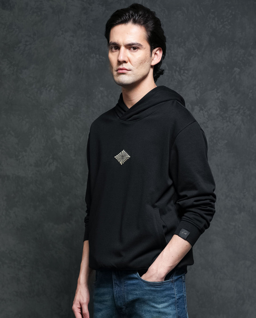 Rare Rabbit Men's Trivial Black Cotton Plain Regular Fit Full Sleeve Hooded Sweatshirt