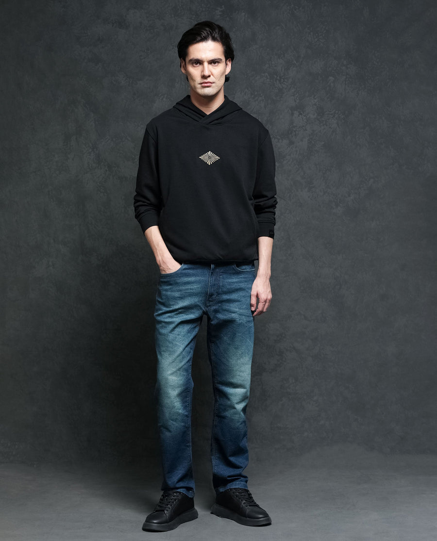Rare Rabbit Men's Trivial Black Cotton Plain Regular Fit Full Sleeve Hooded Sweatshirt