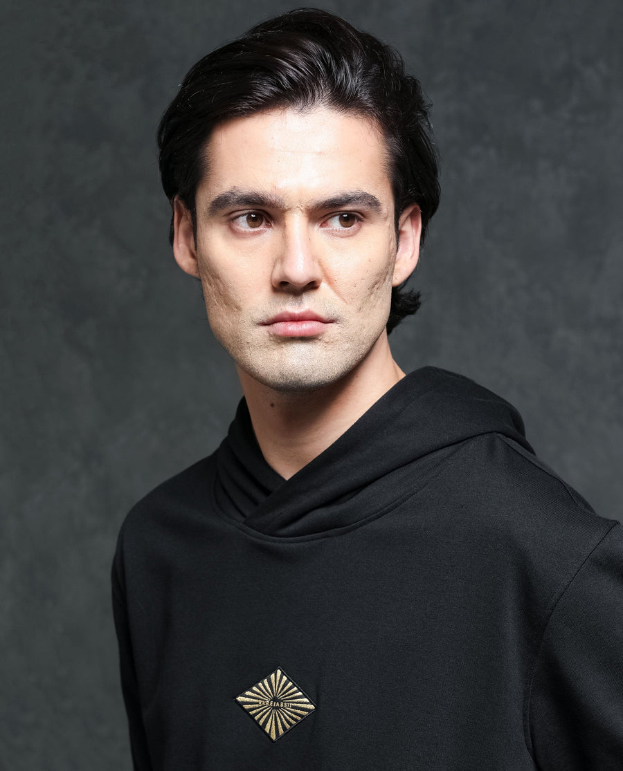 Rare Rabbit Men's Trivial Black Cotton Plain Regular Fit Full Sleeve Hooded Sweatshirt