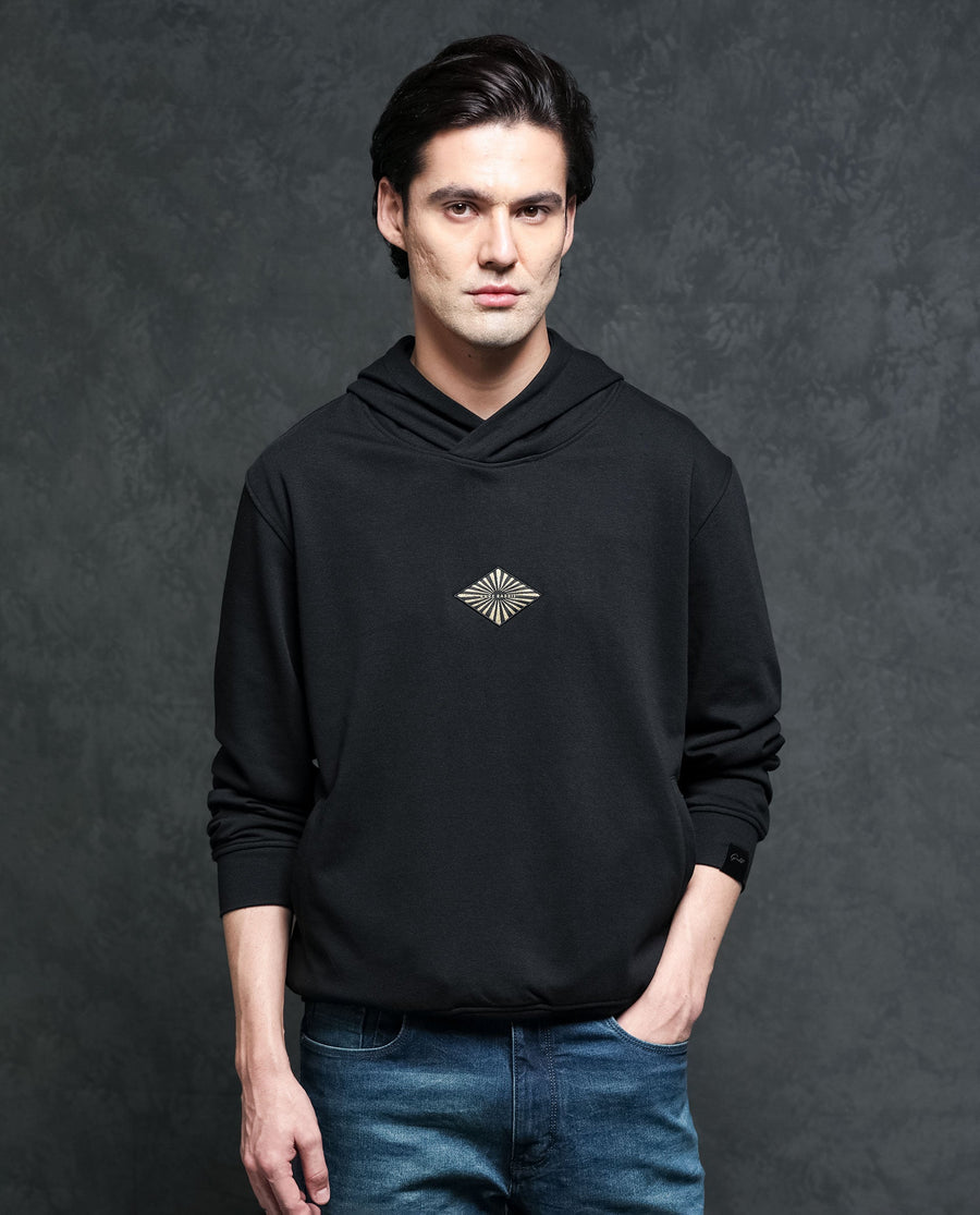 Rare Rabbit Men's Trivial Black Cotton Plain Regular Fit Full Sleeve Hooded Sweatshirt