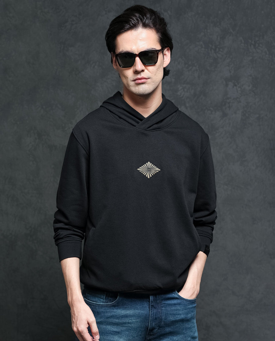 Rare Rabbit Men's Trivial Black Cotton Plain Regular Fit Full Sleeve Hooded Sweatshirt