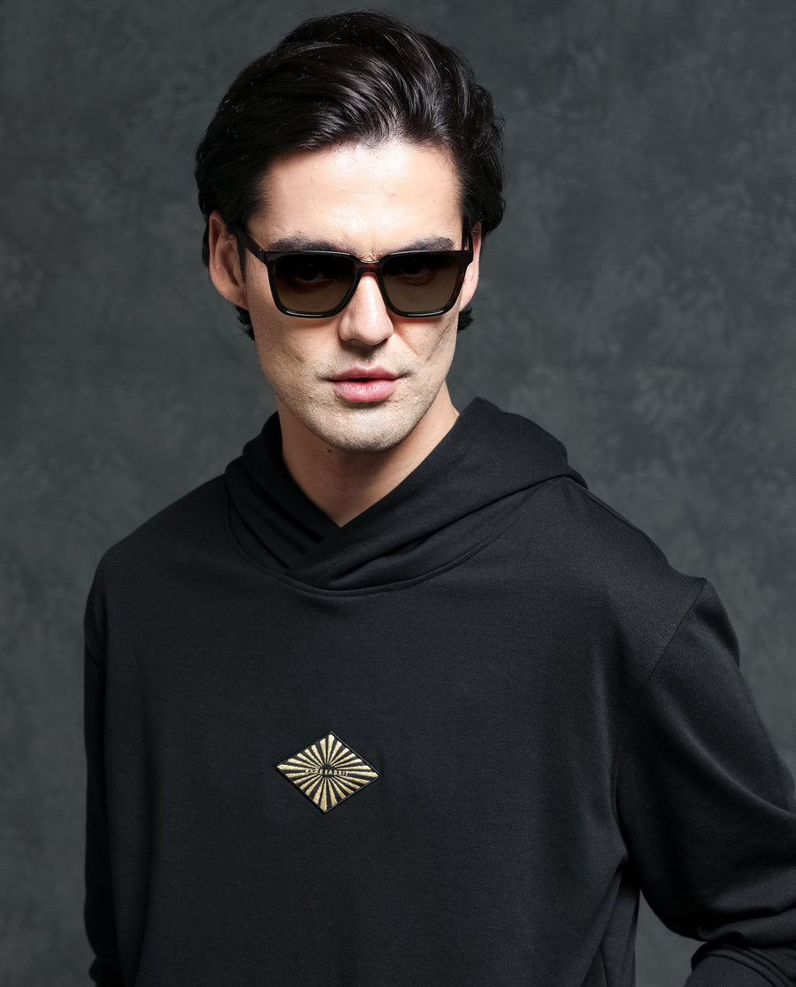 Rare Rabbit Men's Trivial Black Cotton Plain Regular Fit Full Sleeve Hooded Sweatshirt