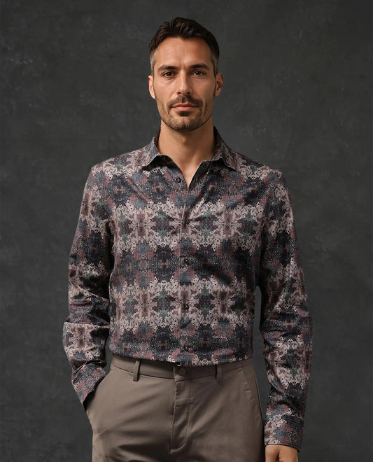 Rare Rabbit Men's Troco Ls Brown Cotton Blend Decorative Print Boxy Fit Full Sleeve Collared Shirt
