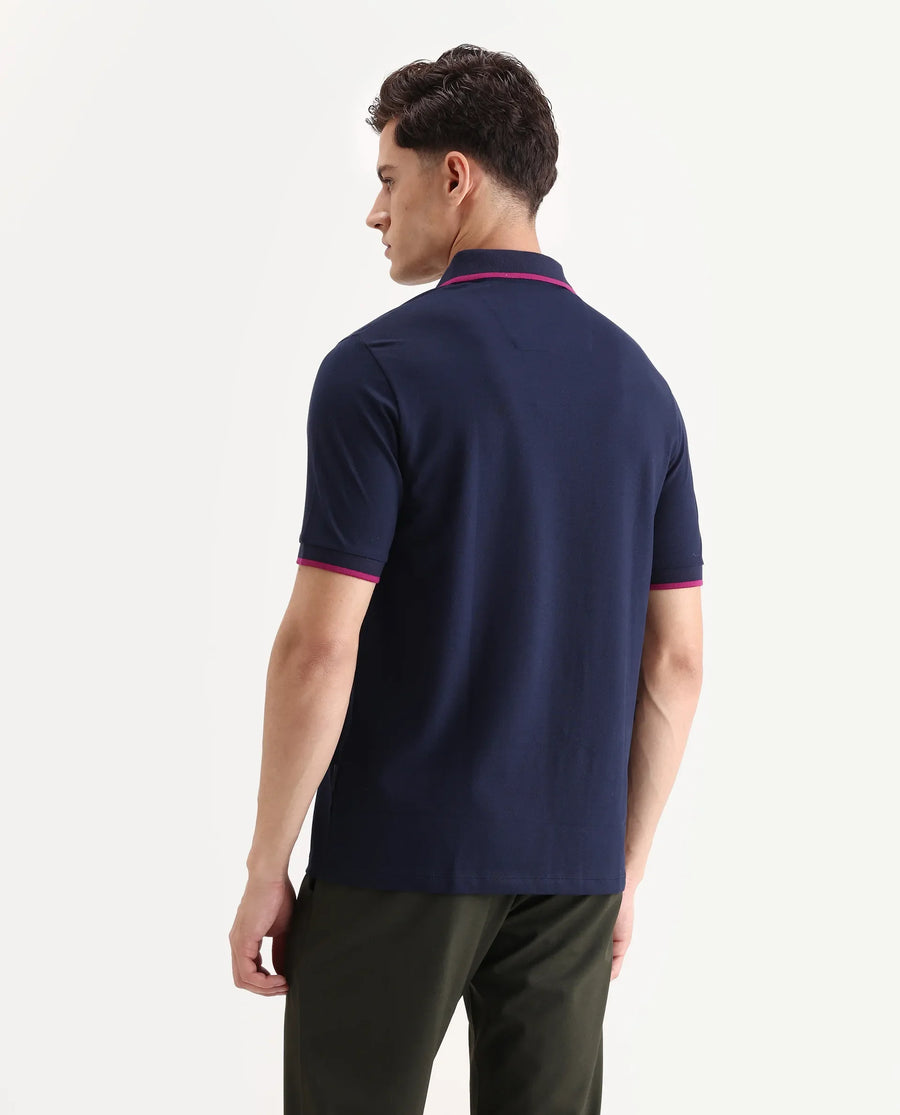 Rare Rabbit Men's Trog Dark Navy Cotton Blend Plain Regular Fit Half Sleeve Polo