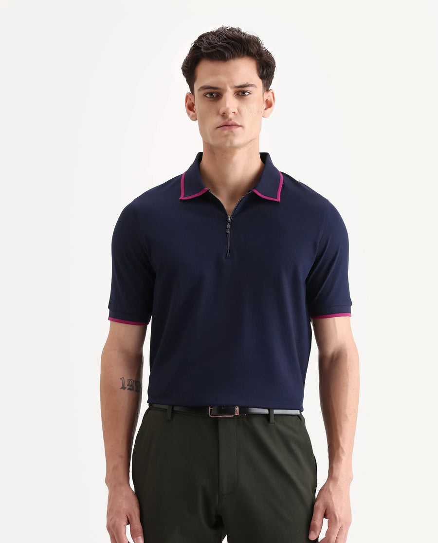 Rare Rabbit Men's Trog Dark Navy Cotton Blend Plain Regular Fit Half Sleeve Polo