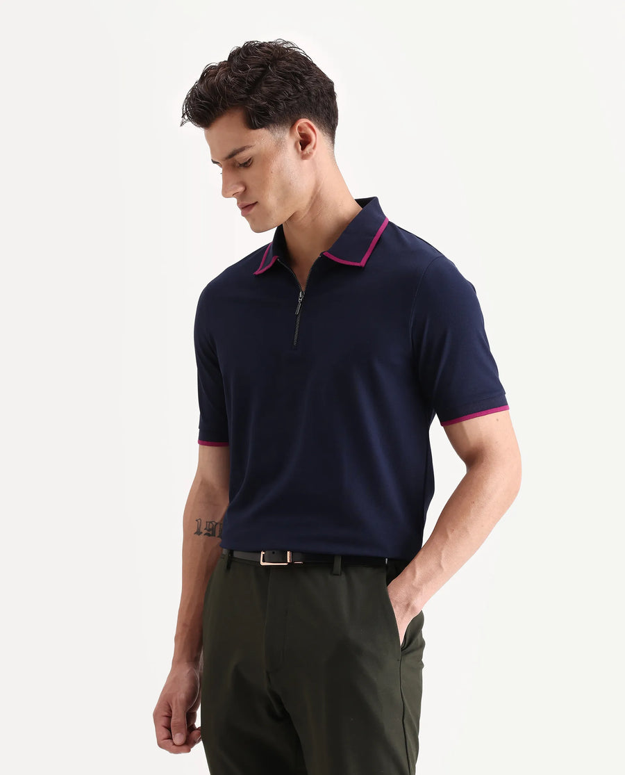 Rare Rabbit Men's Trog Dark Navy Cotton Blend Plain Regular Fit Half Sleeve Polo
