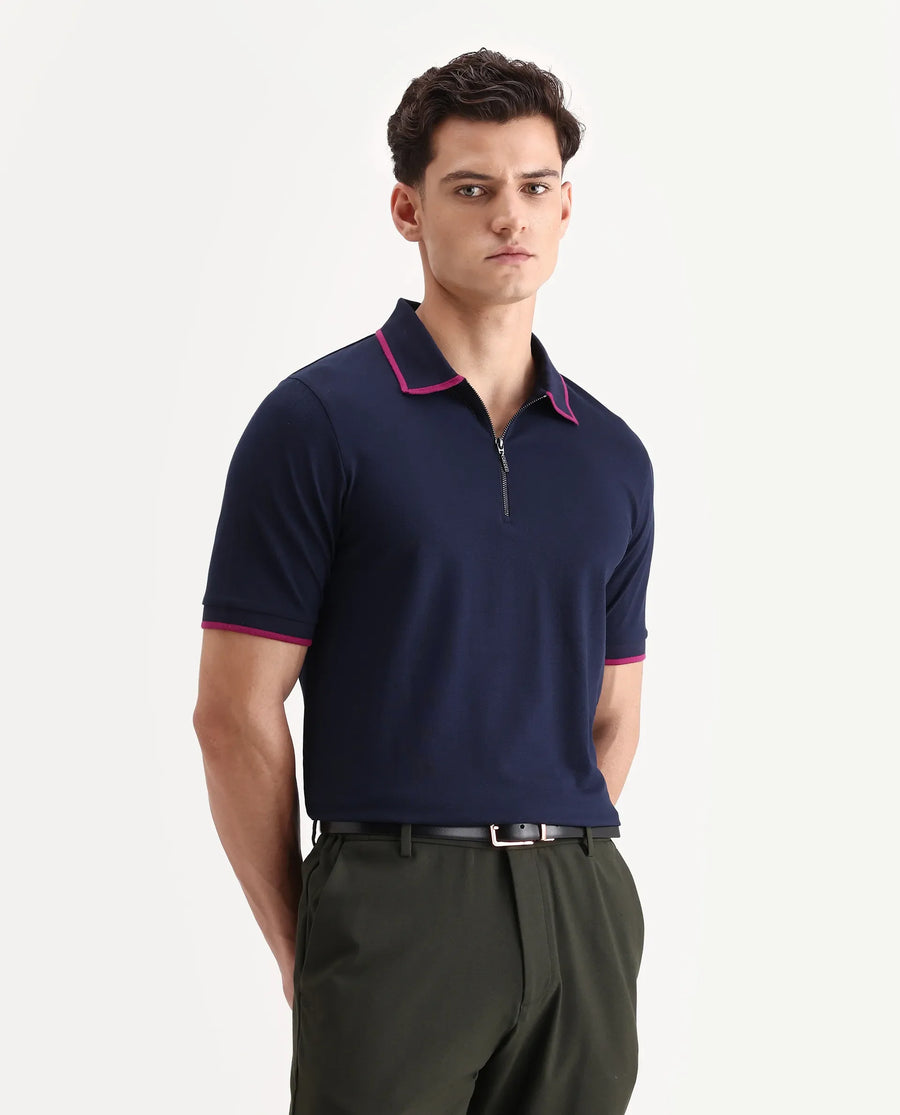 Rare Rabbit Men's Trog Dark Navy Cotton Blend Plain Regular Fit Half Sleeve Polo