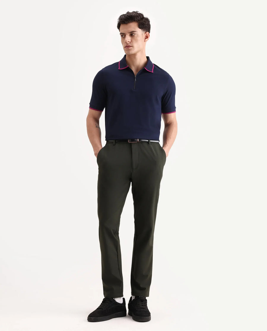 Rare Rabbit Men's Trog Dark Navy Cotton Blend Plain Regular Fit Half Sleeve Polo