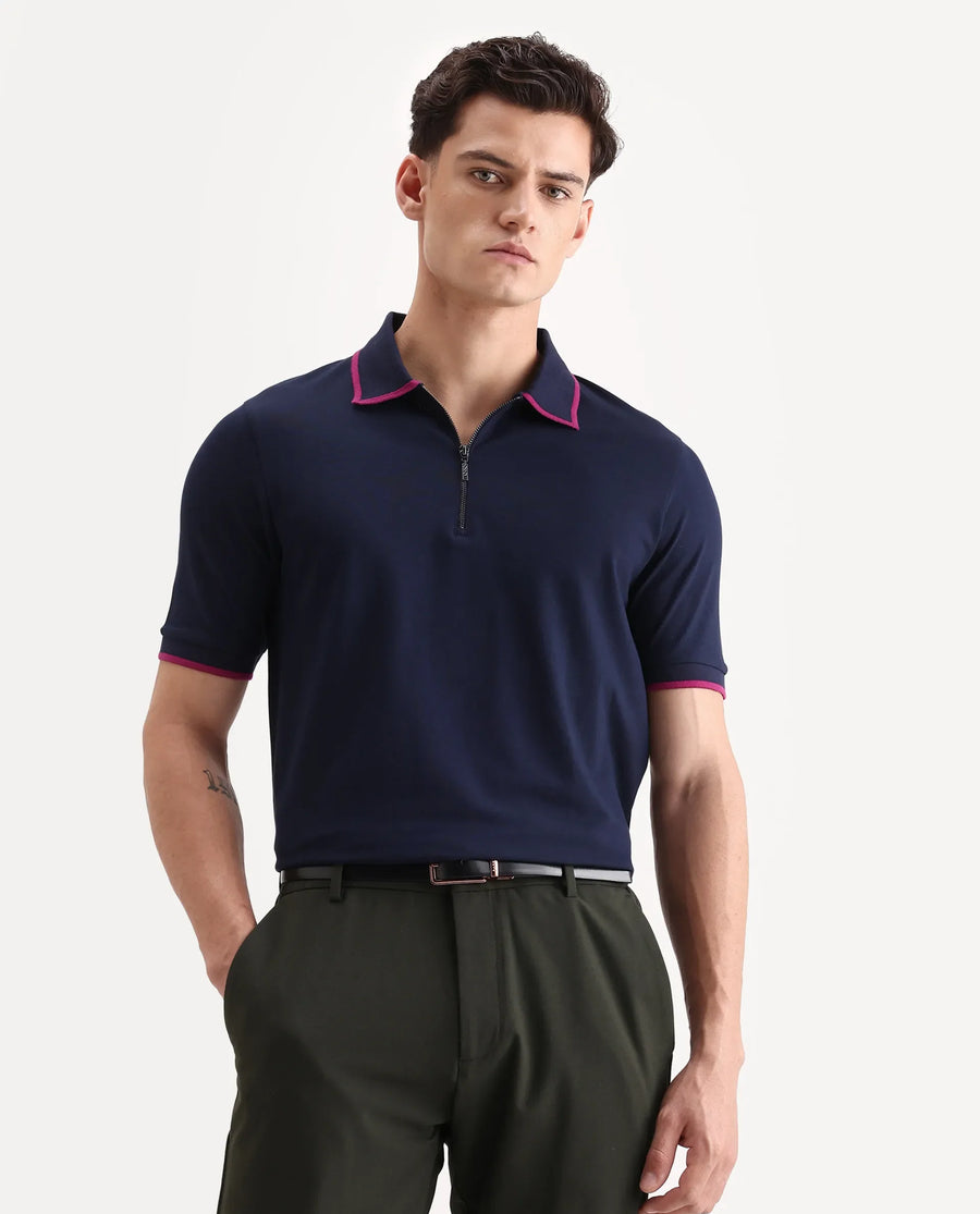 Rare Rabbit Men's Trog Dark Navy Cotton Blend Plain Regular Fit Half Sleeve Polo