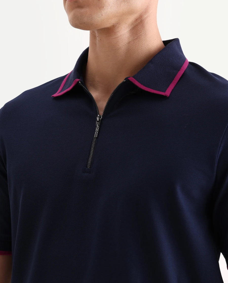 Rare Rabbit Men's Trog Dark Navy Cotton Blend Plain Regular Fit Half Sleeve Polo