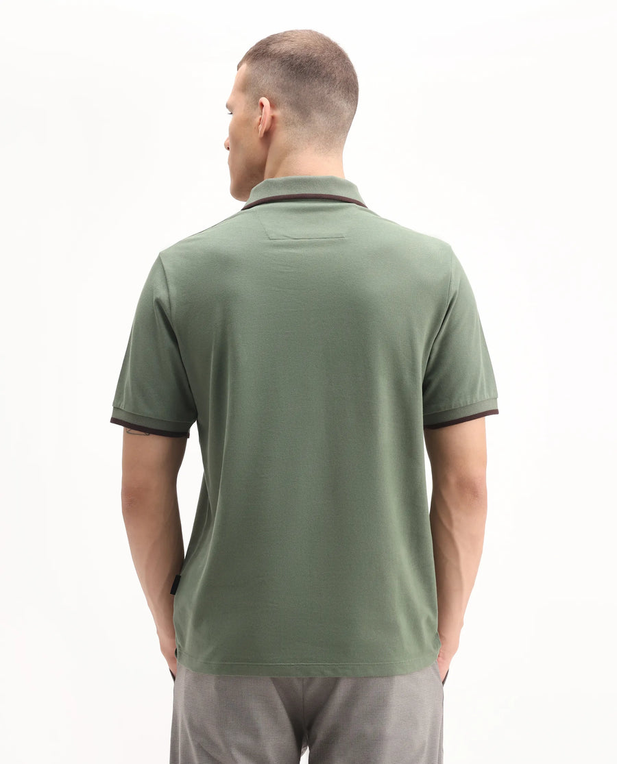 Rare Rabbit Men's Trog Dark Green Cotton Blend Plain Regular Fit Half Sleeve Polo