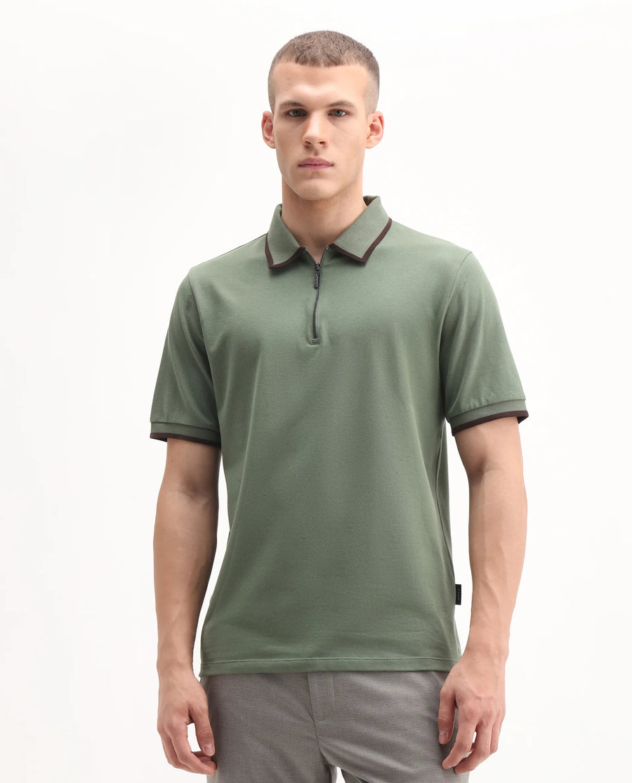 Rare Rabbit Men's Trog Dark Green Cotton Blend Plain Regular Fit Half Sleeve Polo
